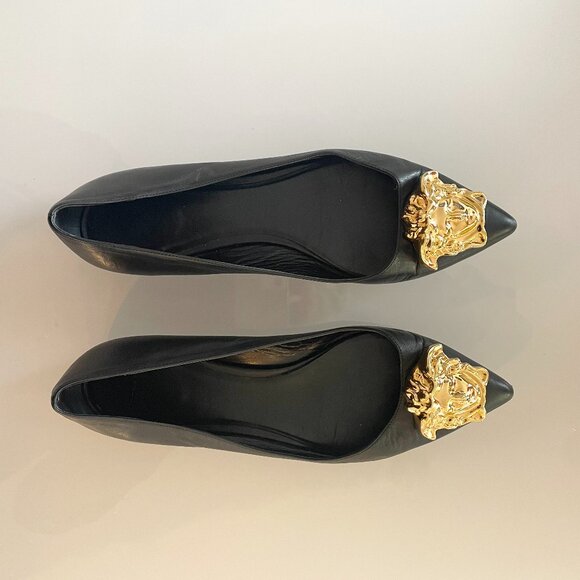 Versace Black Leather Palazzo Flats with Gold Medusa Emblem 40 EU 9 US - Picture 4 of 10